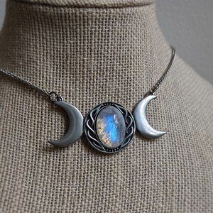 Triple Moon Goddess Moonstone Necklace